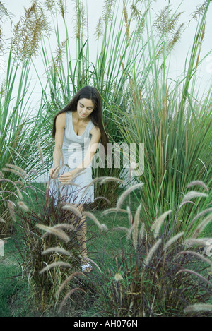 Frau im Ziergarten stehen, bücken, Blick auf Laub Stockfoto