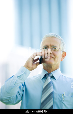 Reife Geschäftsmann mit Handy, lächelnd, Vorderansicht Stockfoto