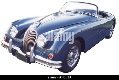 Blaue 1957 Jaguar XK 120 Cabrio mit der Spitze nach unten Stockfoto