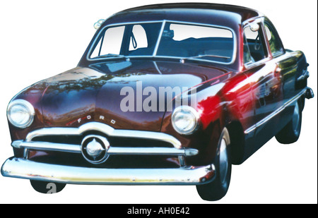 Ausschnitt-Bild eines roten 1950 Ford V 8 Custom Deluxe Club Coupe Stockfoto