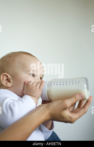 Baby trinken Milch aus der Flasche, verkürzte Ansicht von Frauenhand Stockfoto