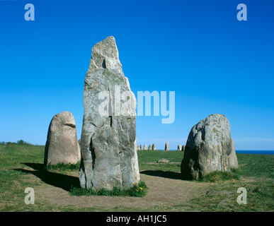 'Ales Stenar', Schwedens größtes Schiffsenseming, Kåseberga, nahe Löderup, Skåne, Schweden. Stockfoto