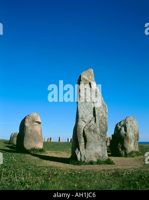 'Ales Stenar', Schwedens größtes Wikingerschiff-Setting, Kåseberga, in der Nähe von Löderup, Skåne, Schweden. Stockfoto