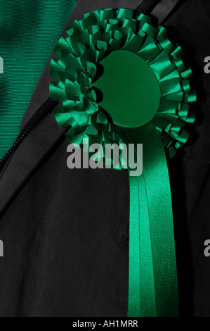 Grüne Rosette an Revers graue Jacke angeheftet Stockfoto