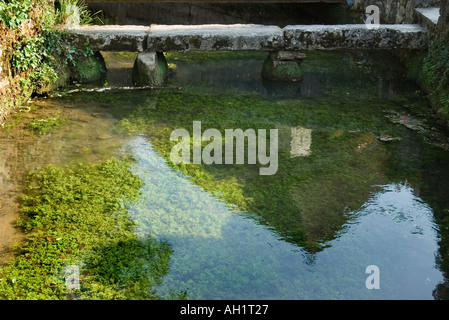 Alte steinerne Brücke über den Bach an Creysse Dordogne Stockfoto