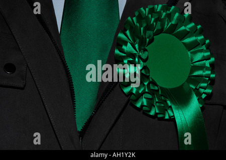 Grüne Rosette an Revers graue Jacke angeheftet Stockfoto