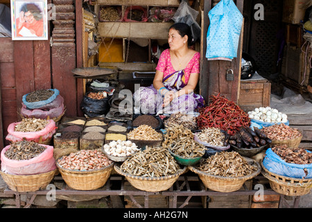 Nepalesische Frau verkaufen Lebensmittel / Gewürze.  Dubar Quadrat, Kathmandu, Nepal Stockfoto