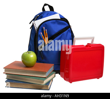 Zurück zu Schule Dingen: Rucksack mit Schule liefert, Lunchbox, Bücher und Apple. Stockfoto