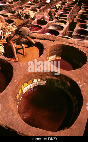 Arbeiter, die färben, versteckt sich in Steinbehältern in Chouara Tannery, Fes el Bali, Marokko. Stockfoto