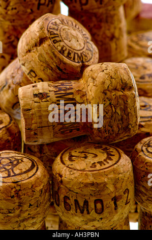 Champagner- und Schaumweinkorken in einem Stapel auf weißem Hintergrund Stockfoto