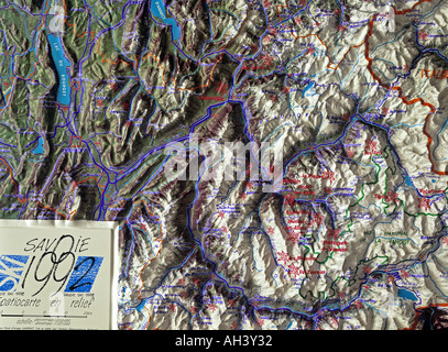 Reliefkarte von 1992 Olympischen Spiele Standorte in französischen Alpen rund um Albertville Savoyen Frankreich Stockfoto