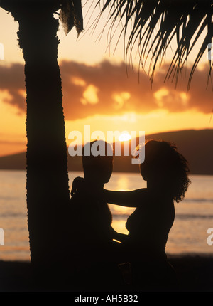 Paar Teilen romantischen Sonnenuntergang unter Palme Stockfoto