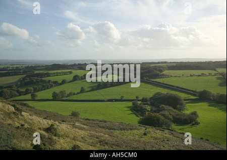 Blick über Ackerland von Brent Tor am westlichen Rand des Dartmoor National Park, Devon, Großbritannien. Stockfoto