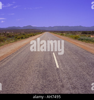 Blick nach unten eine schnurgerade Strecke leer auf Route R29 in die kleine Karoo Oudtshoorn Kapprovinz in Südafrika Stockfoto