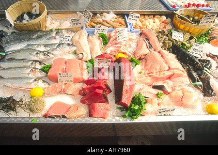Verschiedene Fische zum Verkauf auf einem Straßenmarkt in London. Stockfoto