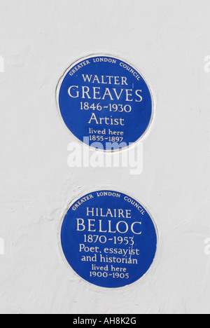 Walter Greaves und Hilaire Belloc blaue Plaketten, Cheyne Walk, Chelsea, London, England, UK Stockfoto