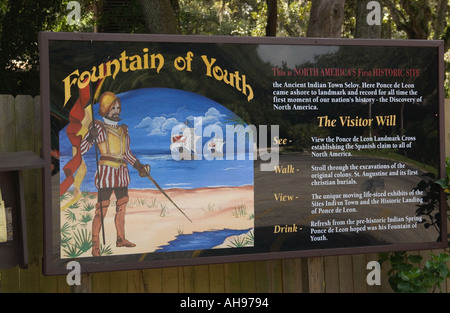 Eingangsschild am Brunnen der Jugend St. Augustine Florida USA Stockfoto