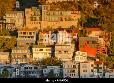 Häuser auf der Klippe während des Sonnenuntergangs in Avalon Bay Catalina Insel Kalifornien Stockfoto