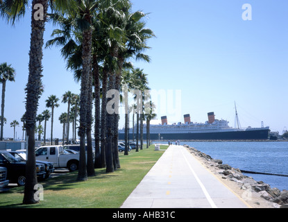 Die Queen Mary festgemacht in Long Beach Kalifornien Palmen im Vordergrund Stockfoto
