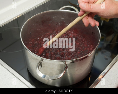 Konfitüre aus Heidelbeeren machen im Kochtopf auf Herd Herr Stockfoto