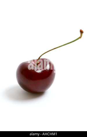 Nahaufnahme einer einzelnen reifen roten Kirsche auf weißem Hintergrund Stockfoto