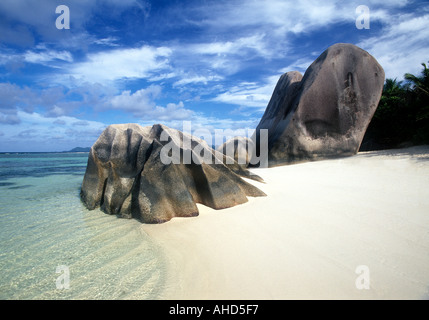 Indischer Ozean, Seychellen, La Digue Island, Anse Source d Argent Beach, Granitfelsen Stockfoto