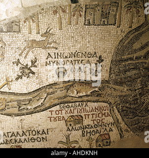 Kartografie, Karten, älteste Karte Palästinas, Detail, Flussarm Jordaniens zum Toten Meer, 6. Jahrhundert, Madeba, historisch, historisch, Asien, Jordanien, bildende Künste, Israel, Gewässer, Flüsse, Fische, Stockfoto