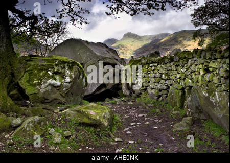 Kopte Howe Langdale Felsbrocken in Great Langdale mit Langdale Pikes in der Ferne. Lake District National Park, UK Stockfoto