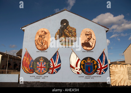 Loyalist Wandbilder im Bereich niedriger Shankill Road West Belfast Nordirland. UDA Ulster Defence Association und UDU Ulster Stockfoto