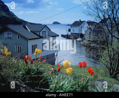 Blick heraus zum Meer von der hübschen Dorf Sokndalstrand, Rogaland, Norwegen. Stockfoto