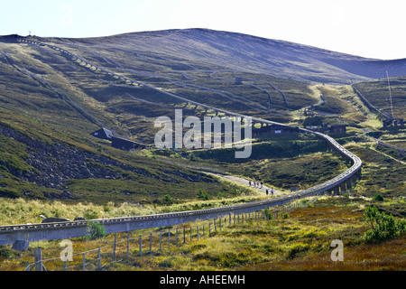 Blick Richtung Gipfel des Cairngorm und der Standseilbahn Bergstation mit der Weite des Track und nahen Bahnhof. Stockfoto