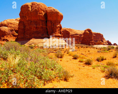 Massiven roten Felsformationen und Chaparral in der Sommerzeit im Arches National Monument im Südosten von Utah Stockfoto