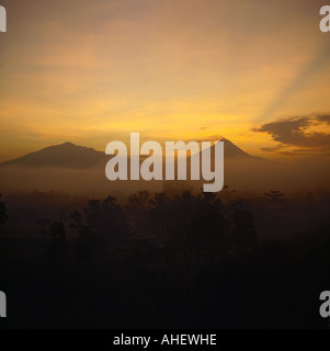 Sonnenaufgang über Baumkronen mit Blick auf die vulkanische Mount Merapi von Borobudur Tempel Zentral-Java Indonesien Stockfoto