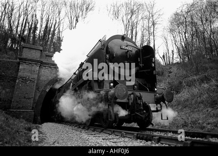 Britische Eisenbahnen Handelsmarine Klasse Dampflokomotive platzt aus Sharpthorne-Tunnel auf der Bluebell Railway. Stockfoto