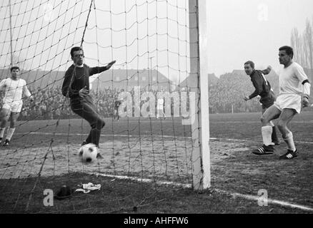 Fußball, Bundesliga, 1965/1966, Boekelberg Stadion, Borussia Moenchengladbach gegen Borussia Neunkirchen 4:1, Szene des Spiels, Ziel für 3:1, v.l.n.r.: Achim Melcher (Neunkirchen), Keeper Horst Kirsch (Neunkirchen), Torschütze von Bernd Rupp (MG-Header Stockfoto