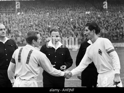 Fußball, Bundesliga, 1966/1967, Müngersdorfer Stadion in Köln, 1. FC Köln gegen Borussia Mönchengladbach 1:2, Platzwahl, Teamleiter/-innen begrüßen, v.l.n.r.: ein Schiedsrichter-Assistent, Heinz Hornig (Köln), Schiedsrichter Karl Riegg aus Augsburg, Heinz Lowin (MG) Stockfoto