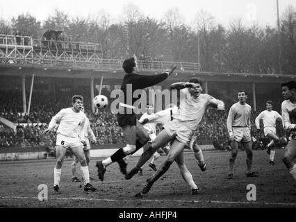 Fußball, Bundesliga, 1966/1967, Müngersdorfer Stadion in Köln, 1. FC Köln gegen Borussia Mönchengladbach 1:2, Szene des Spiels, v.l.n.r.: Jupp Heynckes (MG), Keeper Milutin Soskic (Köln), Gerhard Elfert (MG), Bernd Rupp (MG), Wolfgang Weber (K Stockfoto