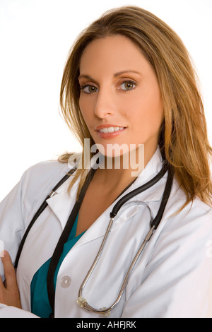 Porträt der Frau Doktor mit Stethoskop lächelnd. Stockfoto