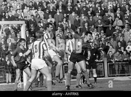 Fußball, Regionalliga West, 1967/1968, Bayer Leverkusen gegen Arminia Bielefeld 2:0, Ulrich-Haberland-Stadion in Leverkusen, Szene des Spiels, v.l.n.r.: Helmut Roehrig (Bayer), Detlef Kemena (Bielefeld, 8), Norbert Leopoldseder (Bielefeld), Leo Wilden Stockfoto