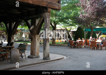 In der Ariège Stadt Mirepoix späten Nachmittag Sonne leuchtet über des Hauptplatz anmutig Arkaden und Fachwerkbauten Stockfoto