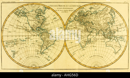 Karte von Welt ca. 1760. Von Atlas de toutes les Parties Connues du Globe Terrestre von Kartographen Rigobert Bonne. Veröffentlicht Genf, ca. 1760. Stockfoto