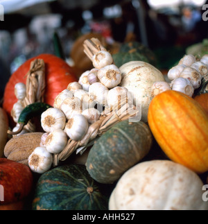 Knoblauch, Kürbis und Kürbis zum Verkauf an einem Marktstand am Campo de Fiori im Herbst Oktober Rom Italien Europa EU KATHY DEWITT Stockfoto