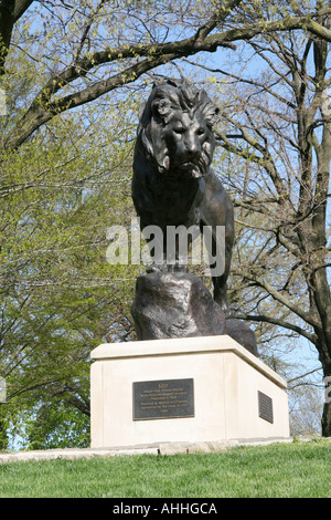 Löwe Statue Leo der Löwe auf dem Rasen von Dayton Kunstmuseum Dayton Ohio USA Plaque sagt LEO Steele High School Masc Stockfoto