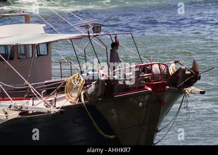 Fischer auf dem Bug eines Fischerbootes Rückkehr nach Port, Aberdeen Harbour, Hong Kong, China Stockfoto