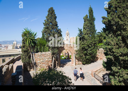 Malaga Costa del Sol Spanien Gärten in der Alcazaba mit Malaga Kathedrale Hintergrund Stockfoto