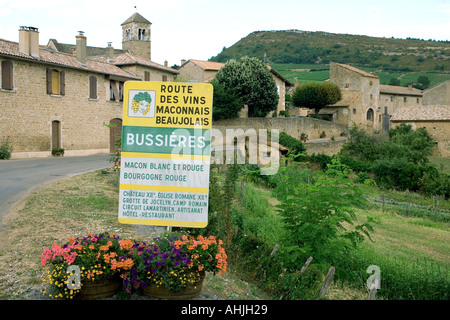 ROUTE DES VINS WEINSTRASSE SCHILD BUISSIERES DORF MACONNAIS BEAUJOLAIS WEINANBAUGEBIET SAONE ET LOIRE BURGUND FRANKREICH EUROPA Stockfoto