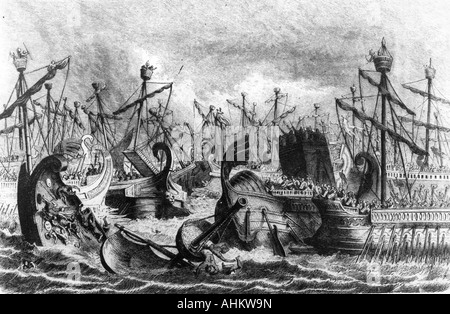 Ereignisse, 1. Punischer Krieg 264 - 241 v. Chr., Schlacht der Ägateinseln 10.3.241 v. Chr., Gravur, 19. Jahrhundert, alte Welt, Römisches Reich, Rom, Karthago, Karthagisch, Kampfschiffe, Galeeren, Punische Kriege, 3. Jahrhundert, historisch, historisch, alte Welt, Menschen, Stockfoto