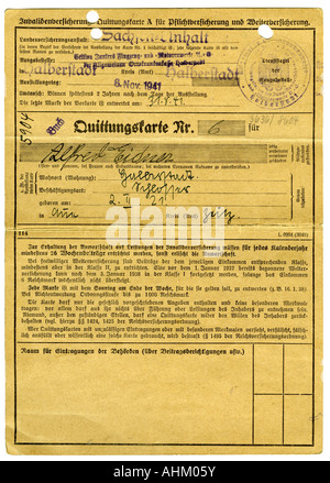 Nazismus/Nationalsozialismus, Dokumente, Invalidenversicherung, Belegkarten, Versicherungsanstalt Sachsen-Anhalt, ausgestellt an Alfred Eidner von Junkers Motorenwerk, Halberstadt, 6.11.1941, Stockfoto