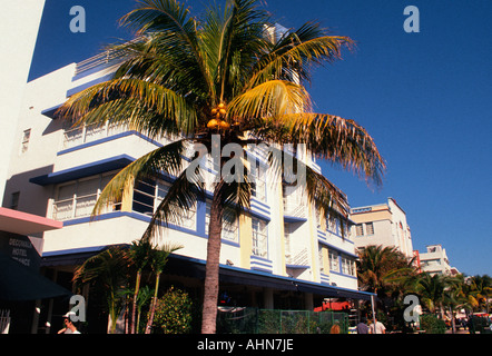 Miami Beach Florida Ocean Drive Art déco-Gebäude und Palmen Bäume säumen die Straße Stockfoto