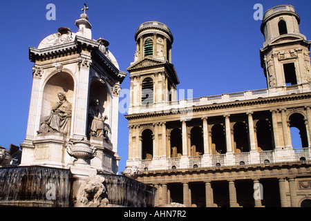 Basilika St. Sulpice in Paris und Brunnen der vier Bischöfe am Place Saint Sulpice. Quartier Latin historisches Wahrzeichen römisch-katholische Kathedrale. Stockfoto